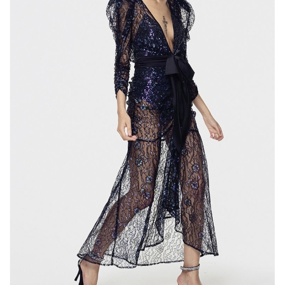 NWT FOR LOVE & LEMONS Sequin & Metallic Navy Blue Rodin Sparkly Sheer Maxi  Dress